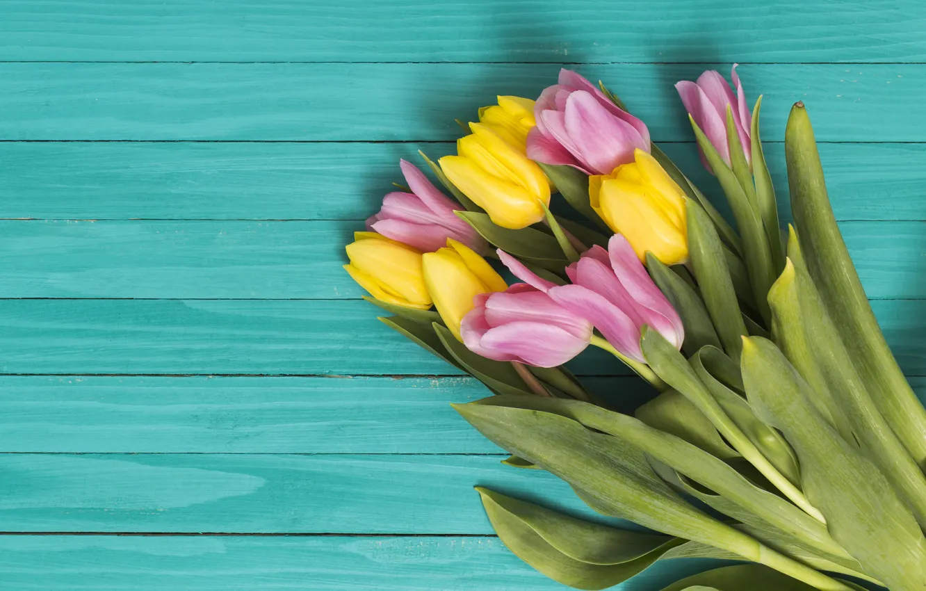 Photo wallpaper flowers, yellow, colorful, tulips, pink, yellow, wood, pink