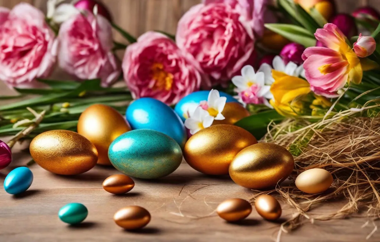 Photo wallpaper flowers, eggs, spring, colorful, Easter, flowers, spring, Easter