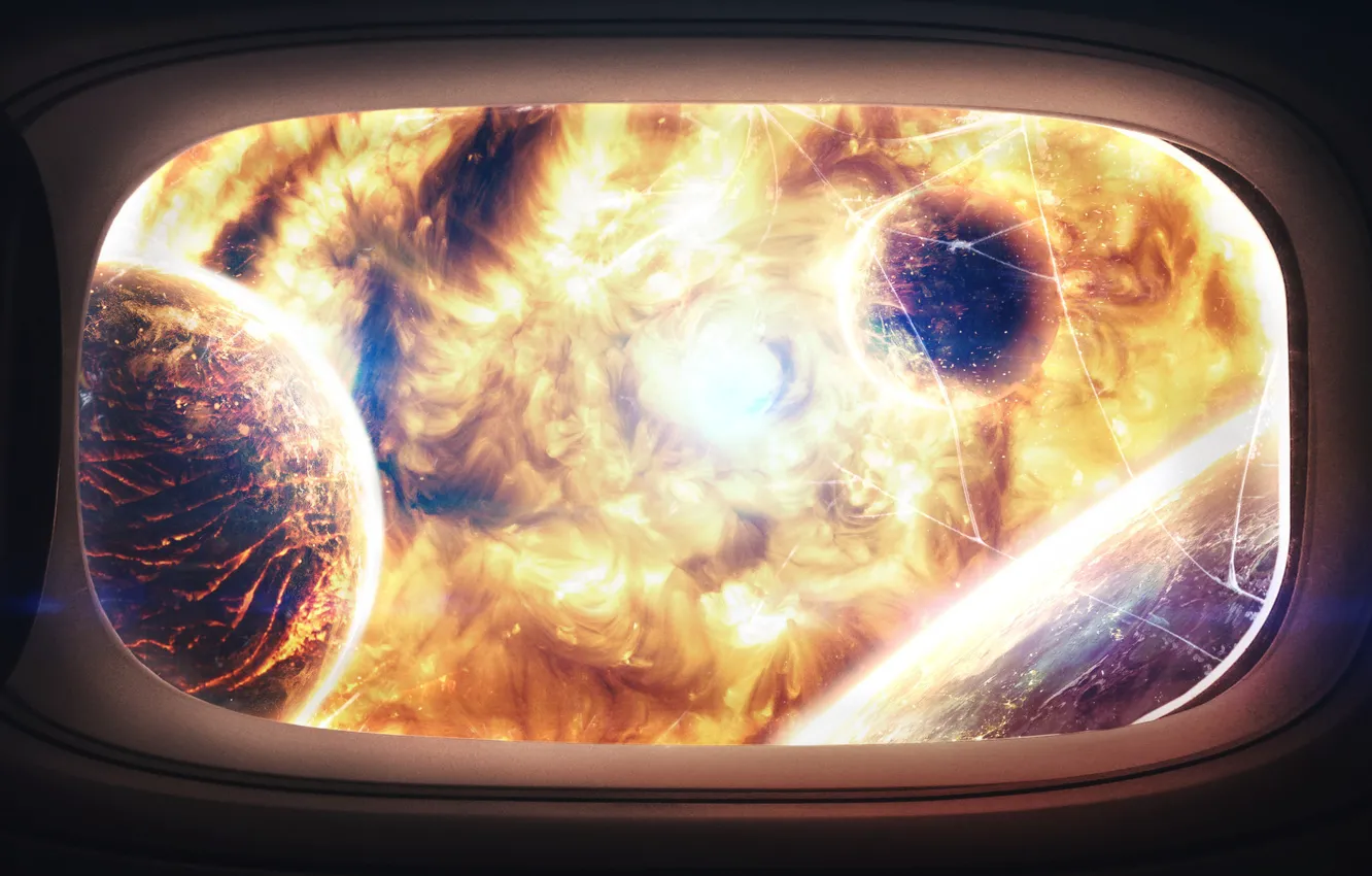 Photo wallpaper Fire, Planet, Space, Star, The explosion, Planet, The window, Apocalypse