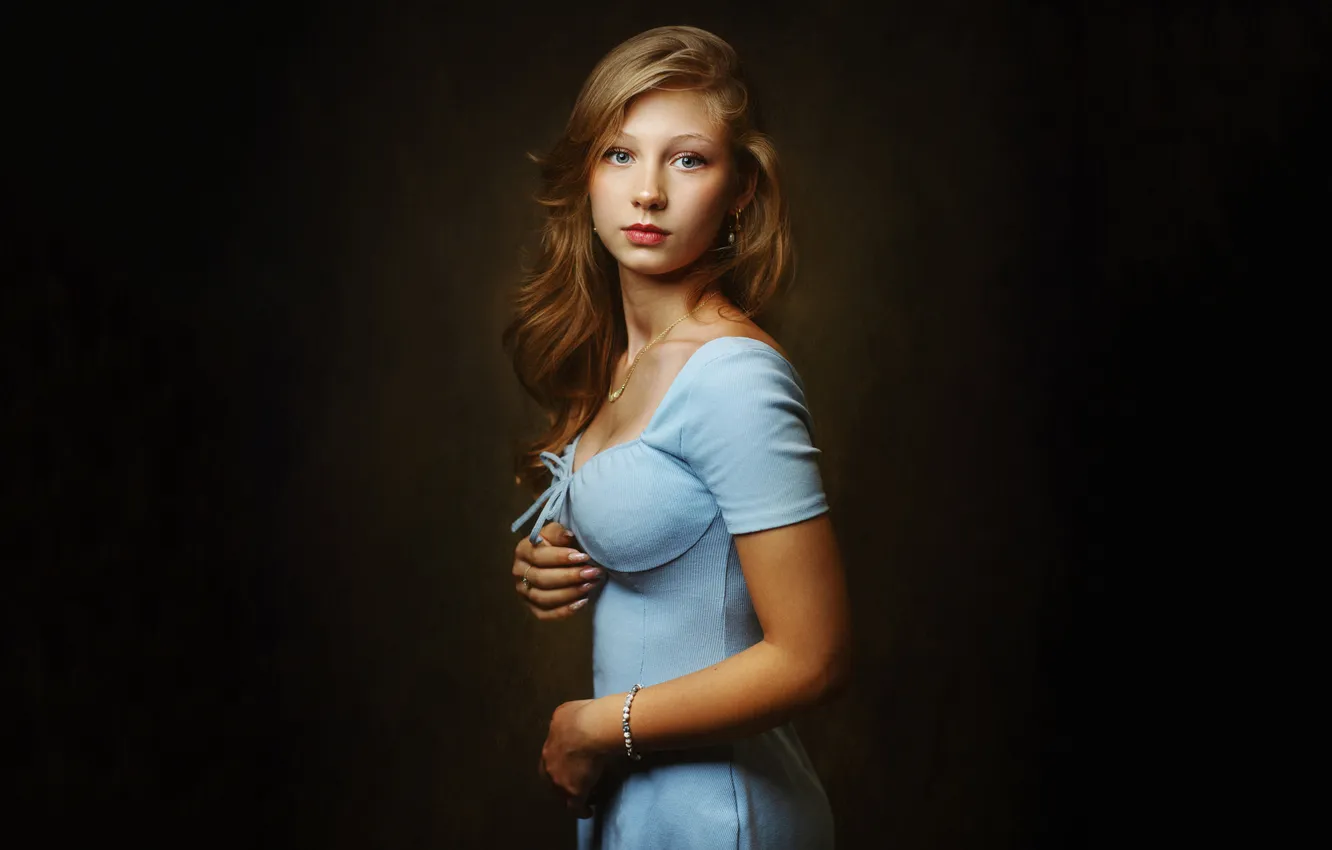 Photo wallpaper look, pose, background, model, portrait, makeup, dress, hairstyle