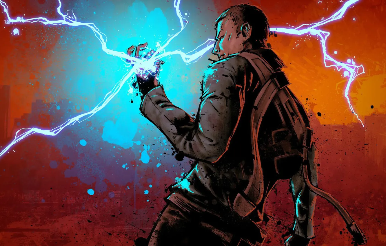 Photo wallpaper lightning, people, art, backpack, infamous