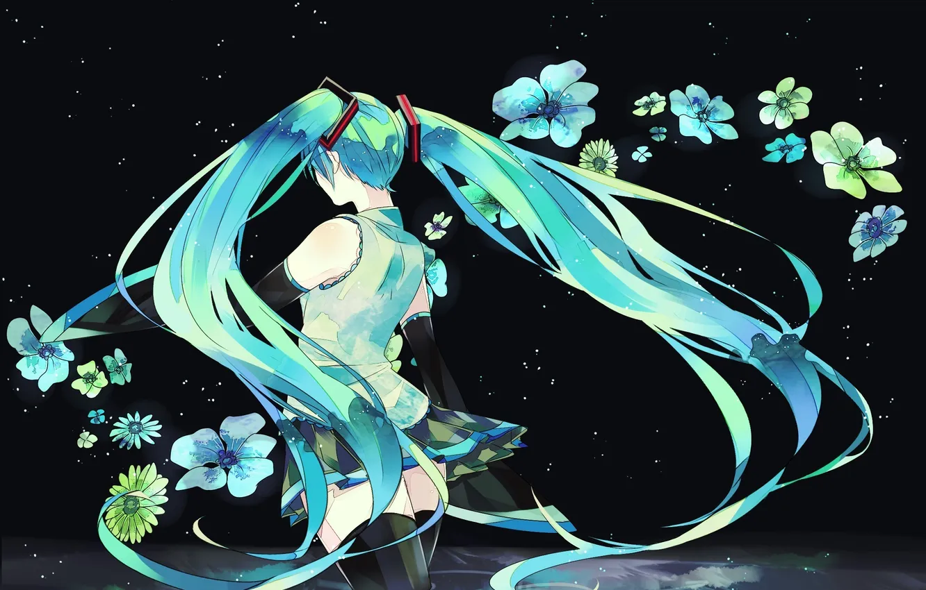 Photo wallpaper water, girl, flowers, back, vocaloid, hatsune miku, long hair, Vocaloid