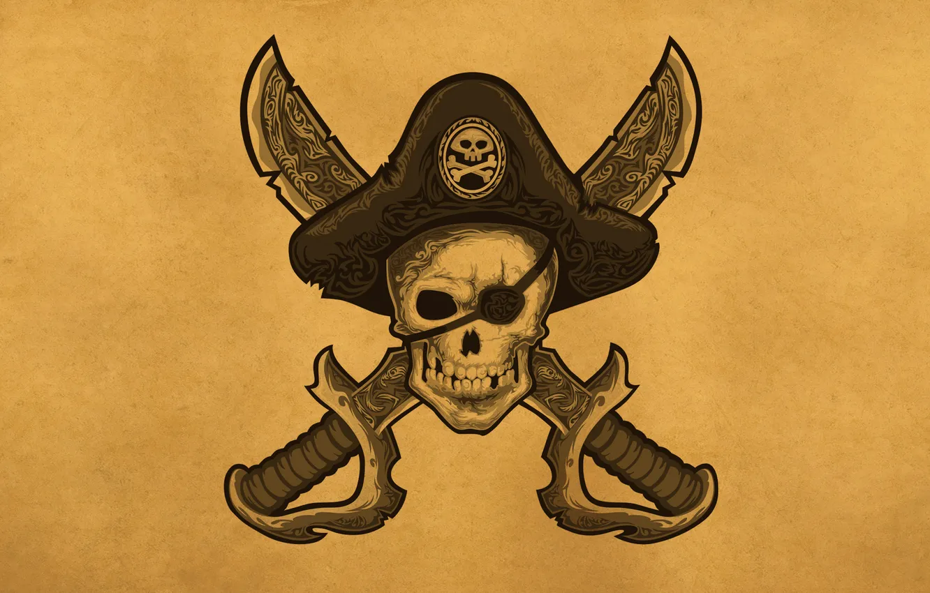 Photo wallpaper skull, head, hat, pirate, skeleton, headband, swords, pirate