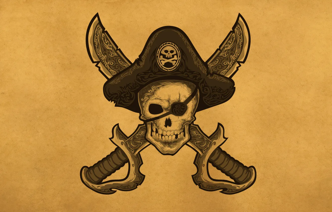 Photo wallpaper skull, sword, head, hat, pirate, skeleton, headband, pirate