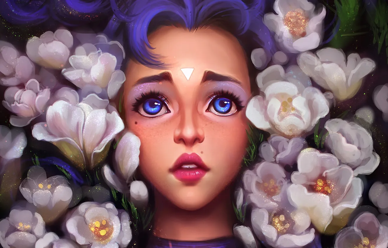Photo wallpaper eyes, look, girl, flowers, face, art, lips, blue eyes