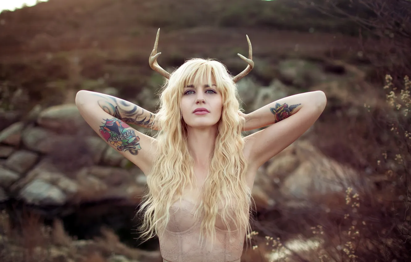 Photo wallpaper girl, horns, Megan Leigh Emerson