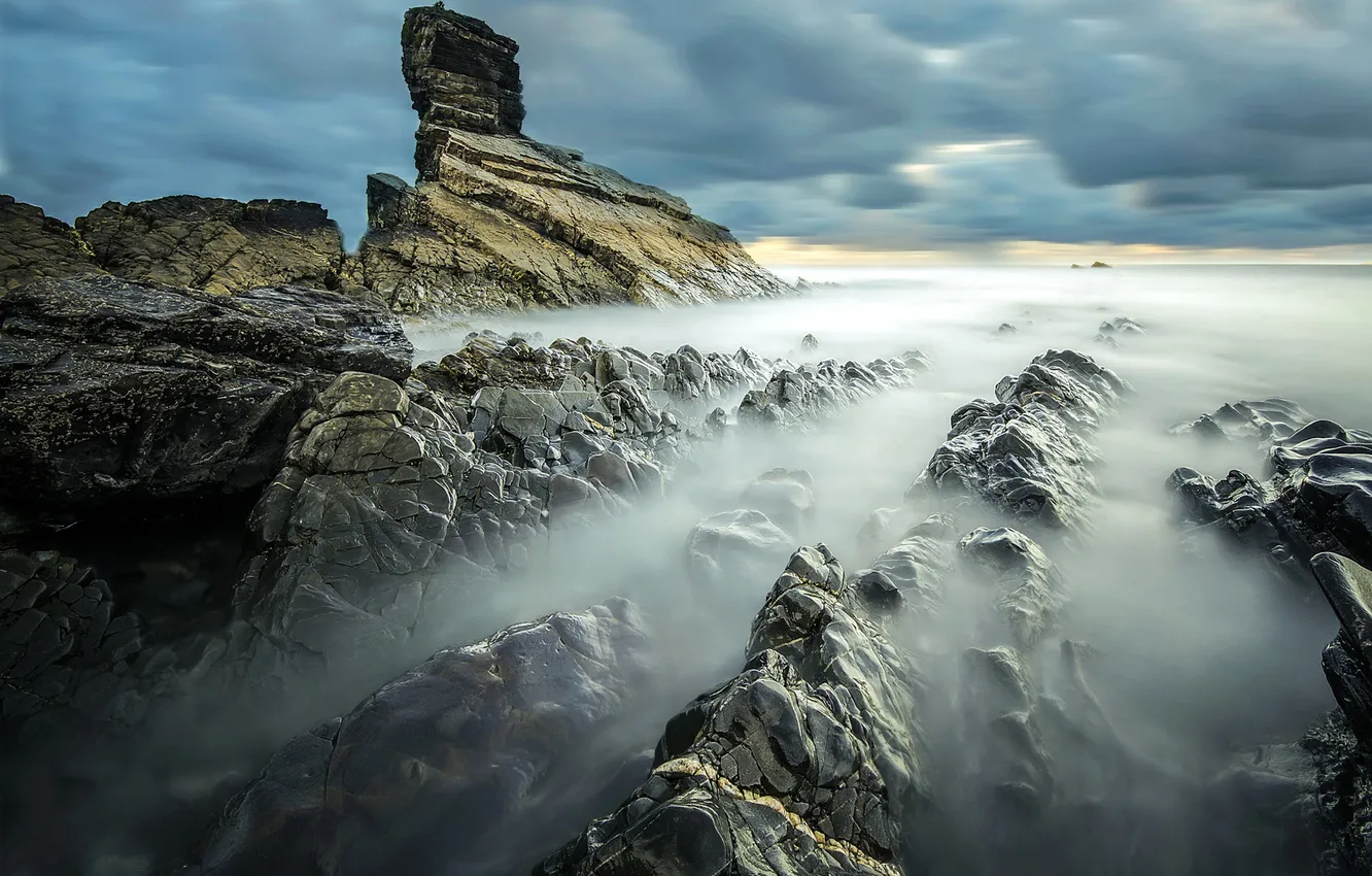 Photo wallpaper sea, clouds, stones, rocks, haze