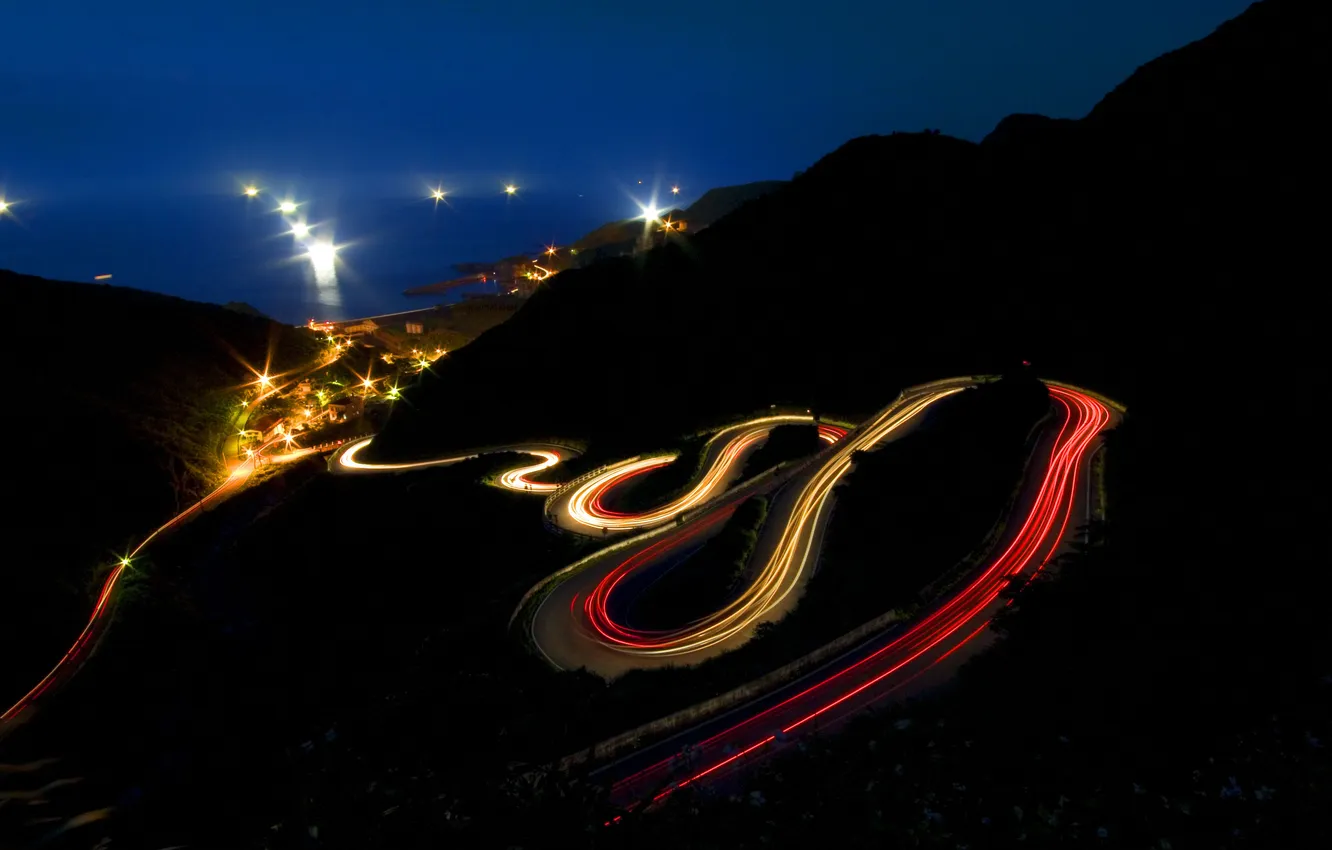 Photo wallpaper mountains, night, lights, night, mountain, long exposure, light trails