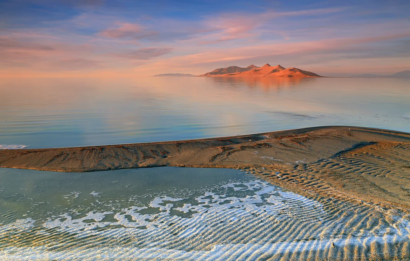 Photo wallpaper sea, the sky, clouds, mountains, shore, island, glow