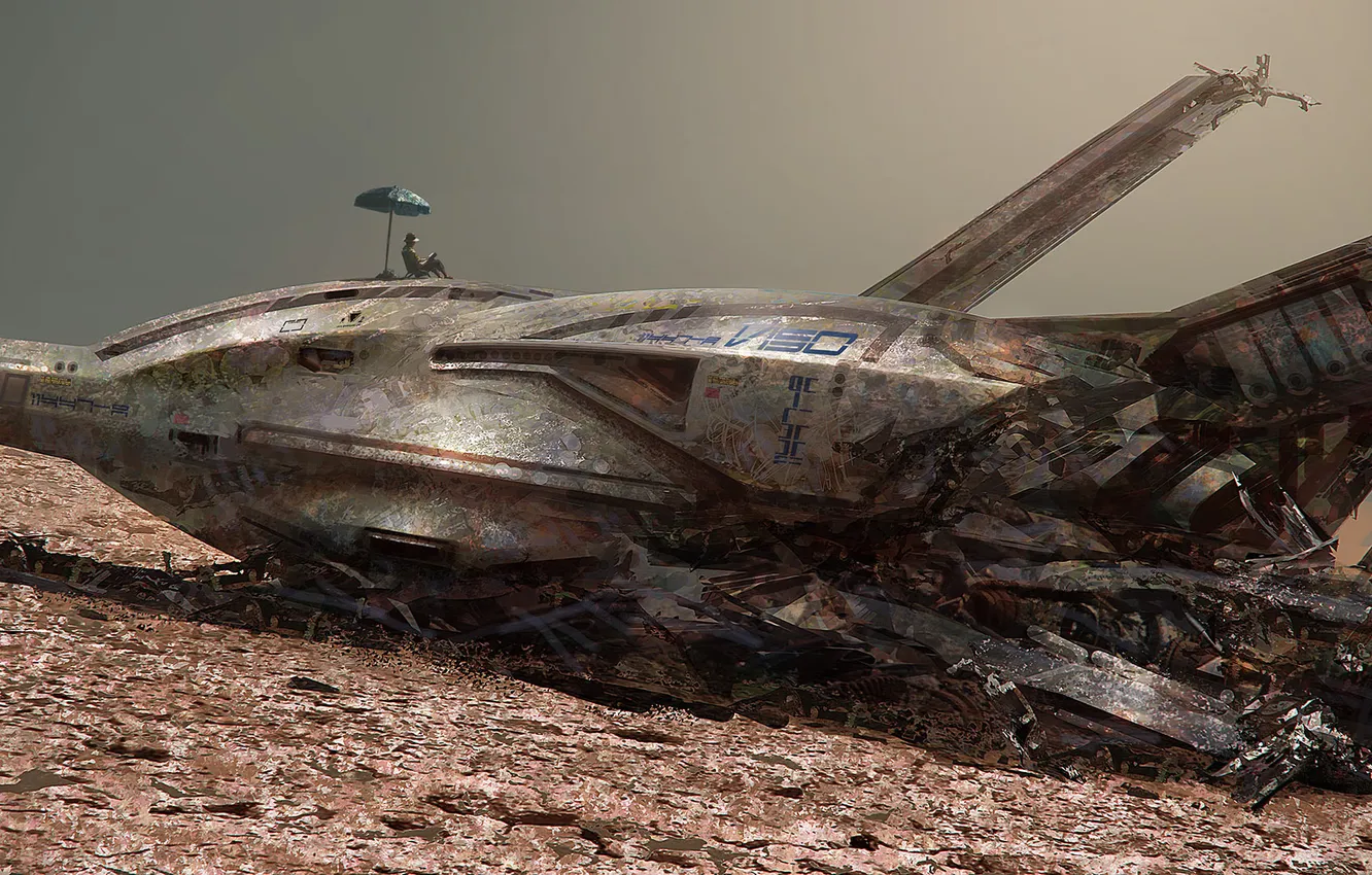 Photo wallpaper umbrella, earth, people, ship, the crash, pilot, space, resting