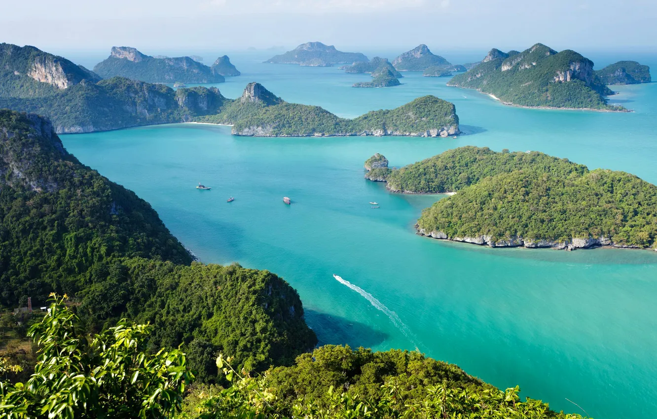 Photo wallpaper sea, Islands, trees, mountains, boat, ship, Thailand, koh samui