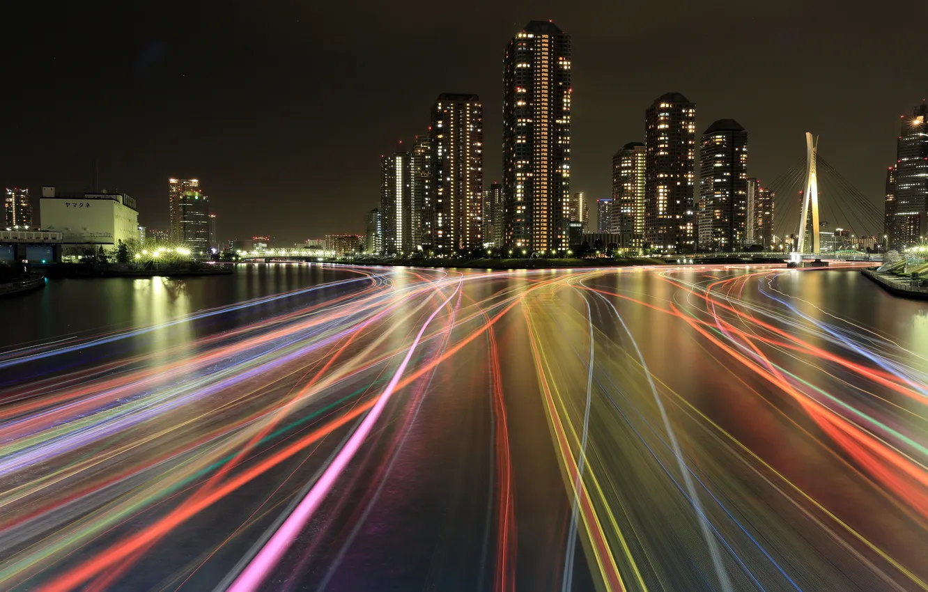 Photo wallpaper Tokyo, light trails, Sumida River