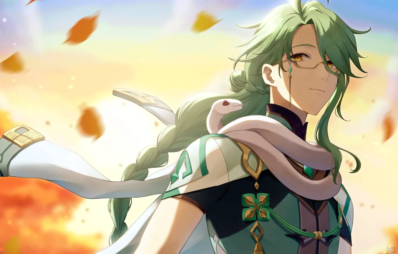 Photo wallpaper leaves, snake, guy, Genshin Impact, Baizhu, Changsheng