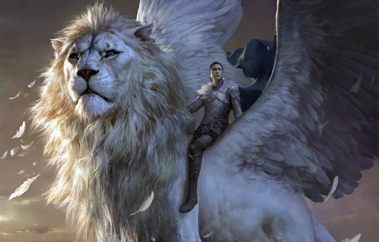 Photo wallpaper girl, fantasy, armor, wings, lion, feathers, artwork, concept art