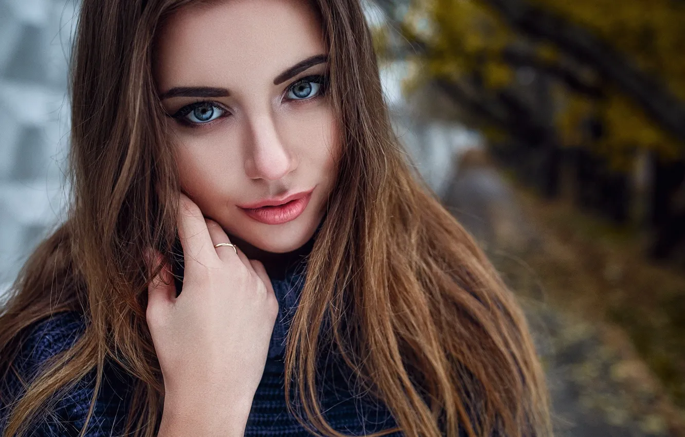 Photo wallpaper girl, long hair, photo, brown, blue eyes, model, lips, ring