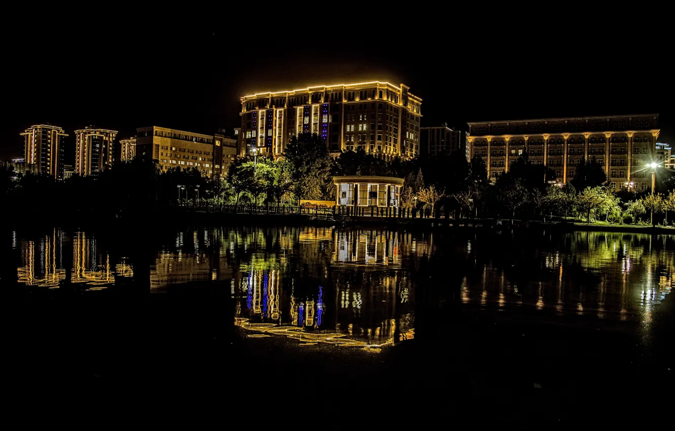 Photo wallpaper lights, water, night, pond, reflections, Tajikistan, Dushanbe, Kide FotoArt