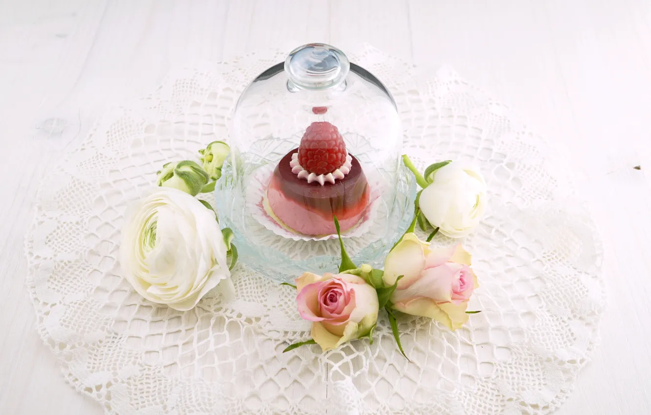 Photo wallpaper raspberry, food, roses, cake, sweet, jelly, buttercups
