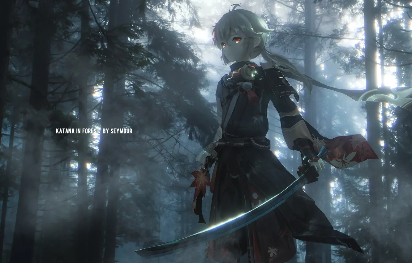 Photo wallpaper forest, katana, guy, Genshin Impact, Kaedehara Kazuha, SEYMOUR
