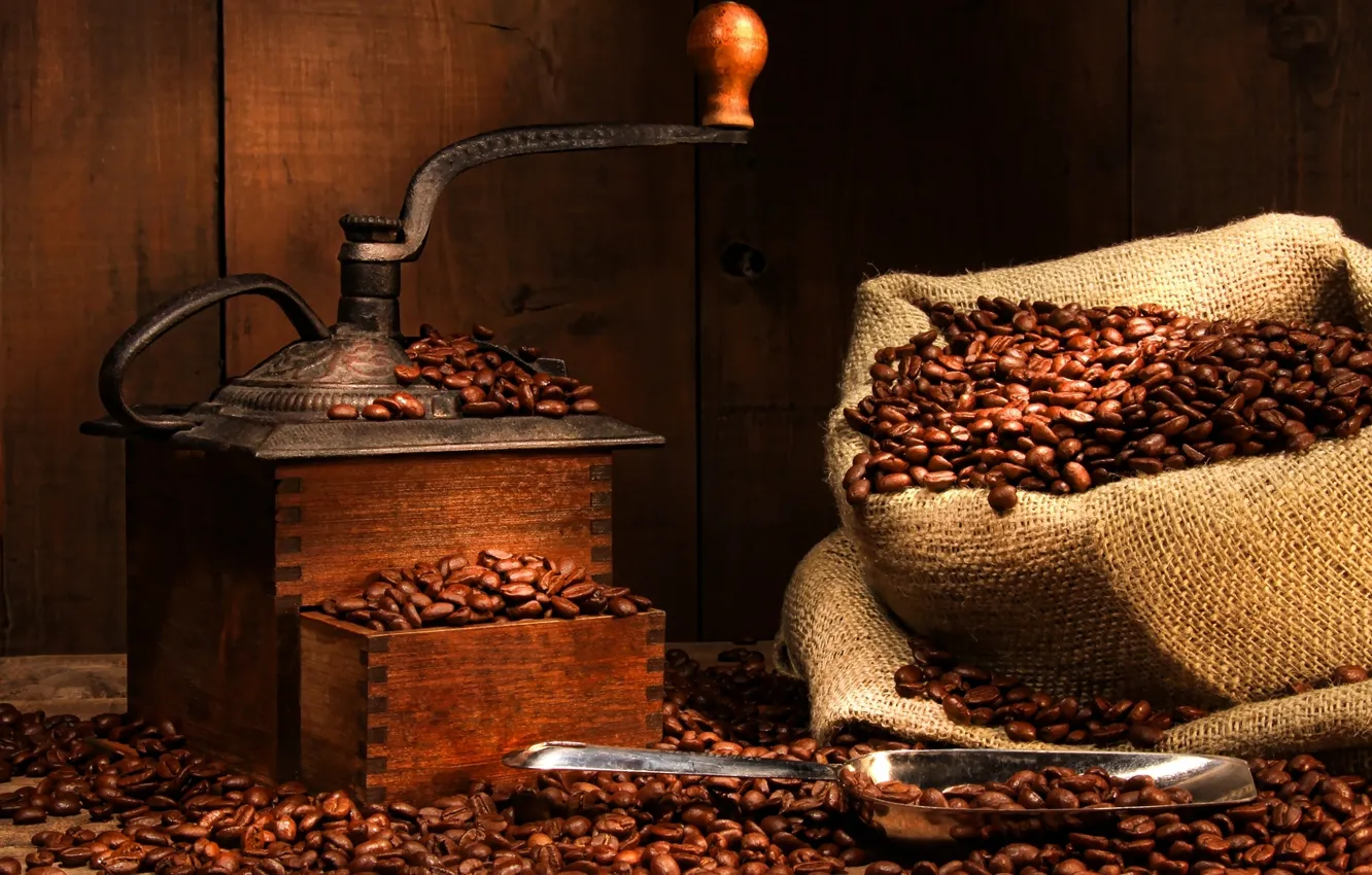 Photo wallpaper coffee, bag, grinder, coffee beans