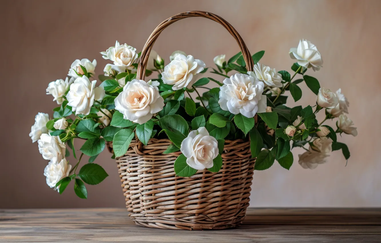 Photo wallpaper flowers, roses, bouquet, white, basket, cream, AI art, neural network