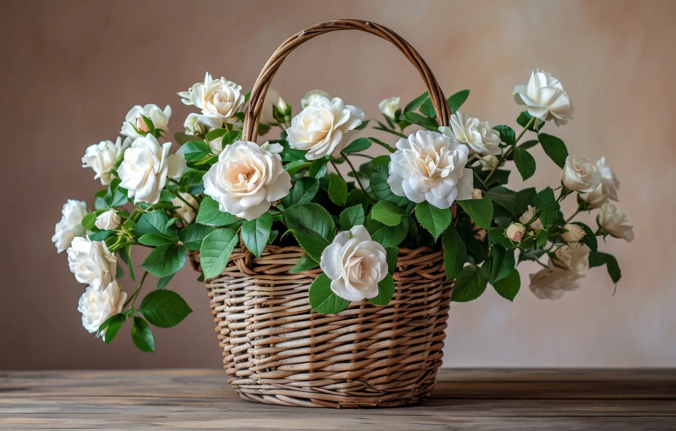 Photo wallpaper flowers, roses, bouquet, cream, white, basket, AI art, neural network