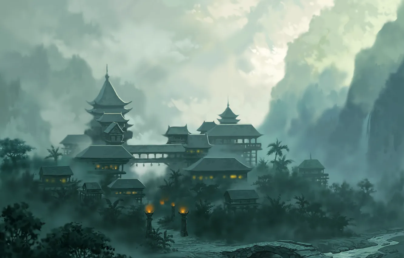 Photo wallpaper landscape, mountains, bridge, the city, lights, fog, river, jade dynasty