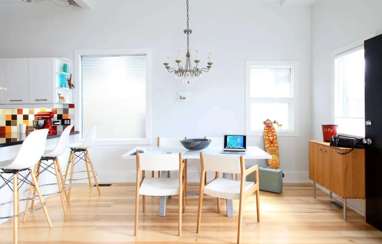 Photo wallpaper table, furniture, Windows, chairs, interior, kitchen, chandelier, stand
