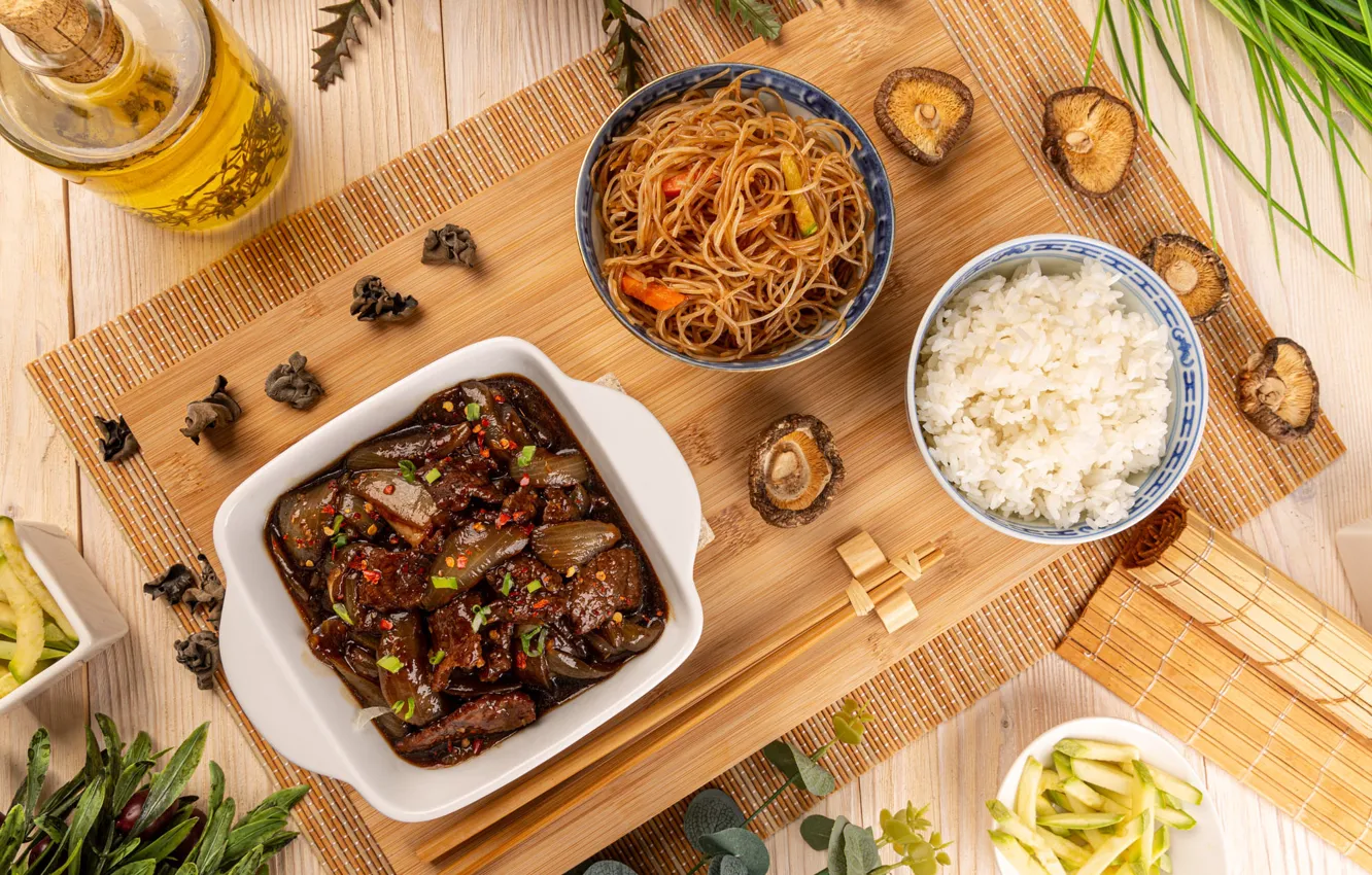 Photo wallpaper food, sticks, Mat, figure, bowl, vegetables, noodles, Asian cuisine