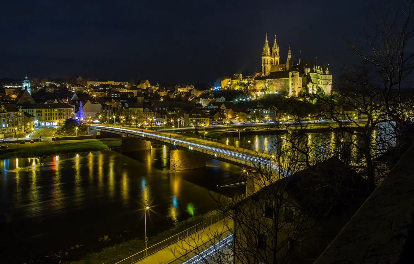 Photo wallpaper night, bridge, the city, lights, river, castle, view, home