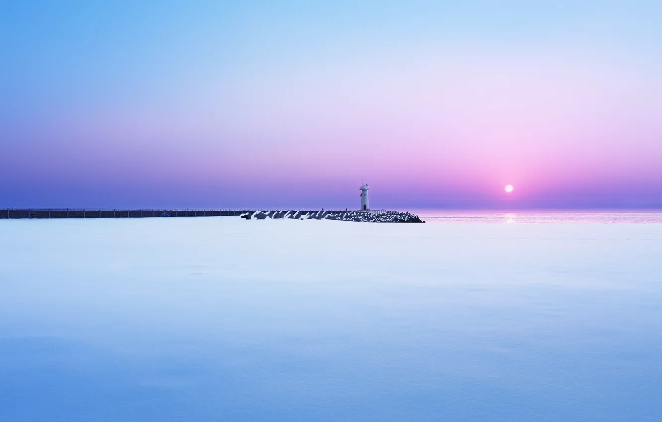Photo wallpaper winter, sea, snow, dawn, lighthouse, morning, pierce