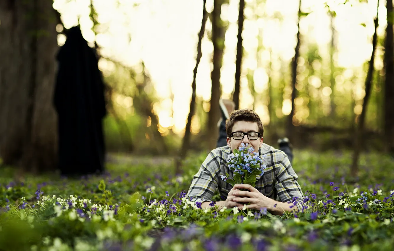 Photo wallpaper forest, flowers, background, guy