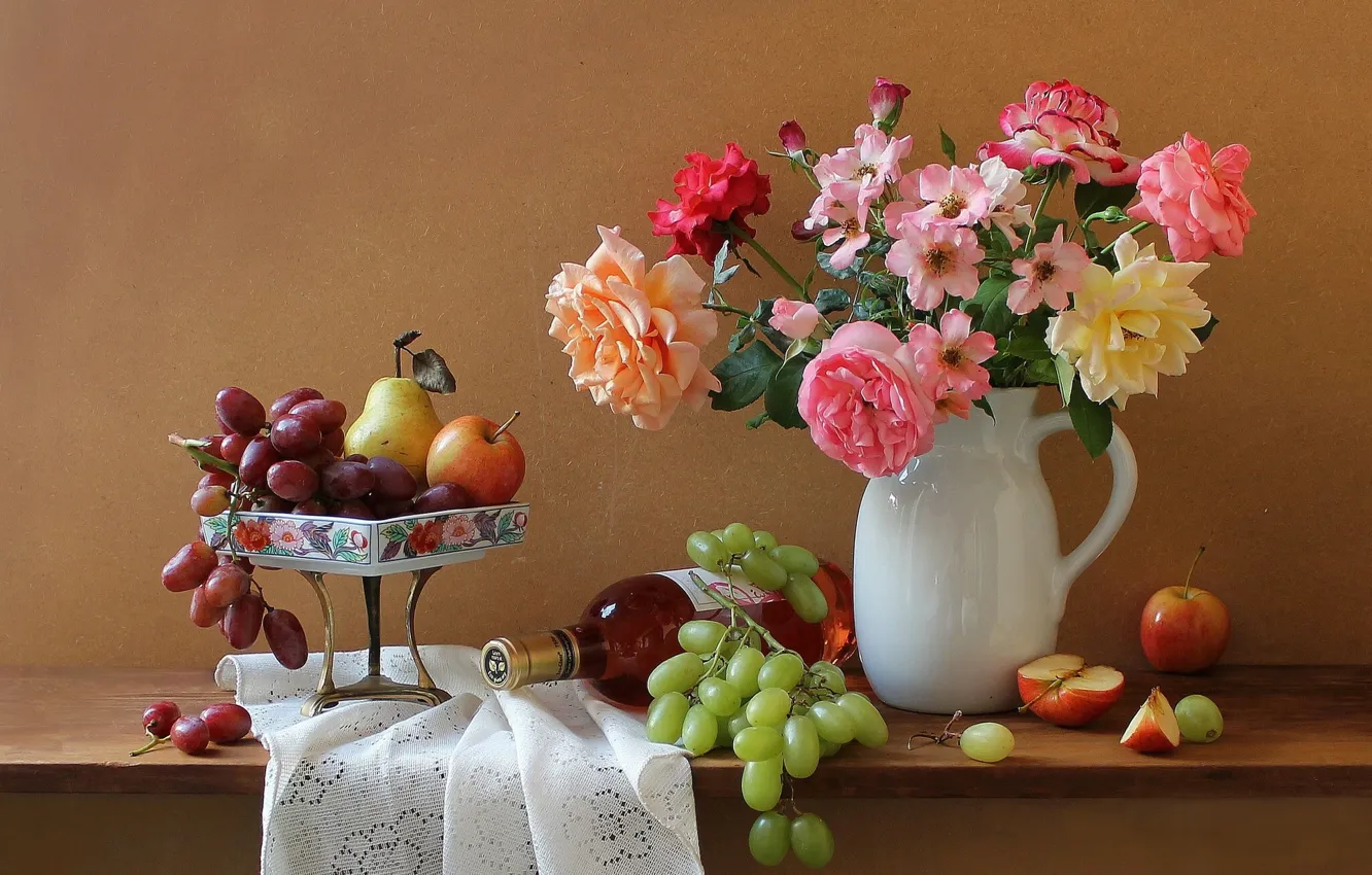 Photo wallpaper flowers, wine, apples, bottle, roses, bouquet, grapes, pitcher