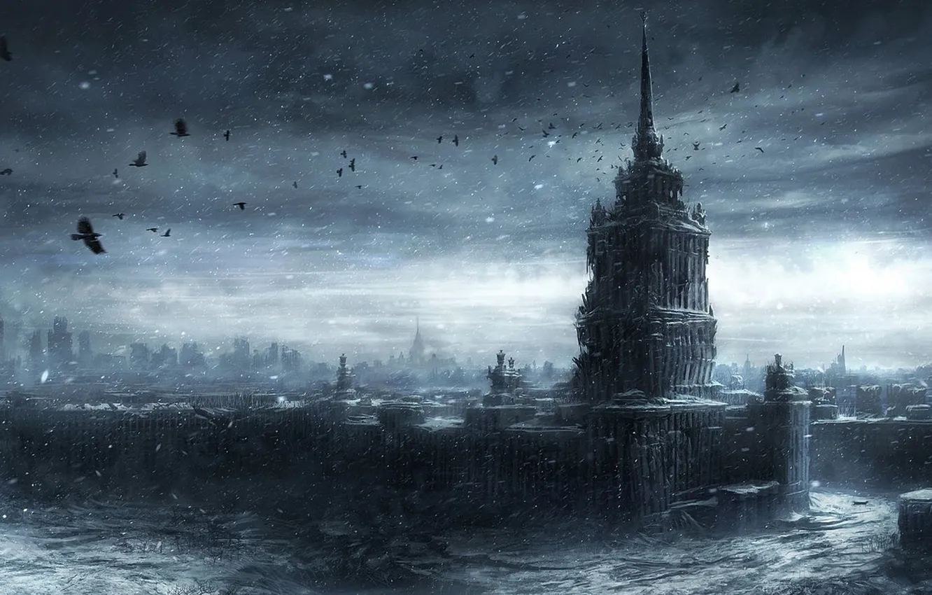 Photo wallpaper snow, Moscow, darkness, apocalypse, crows, MsU