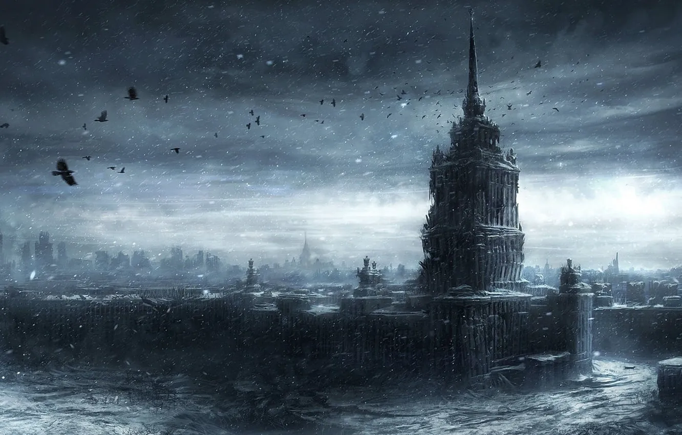 Photo wallpaper snow, Moscow, darkness, apocalypse, crows, MSU