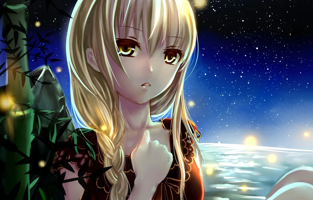 Photo wallpaper girl, stars, night, fireflies, anime, art, braid, clouble