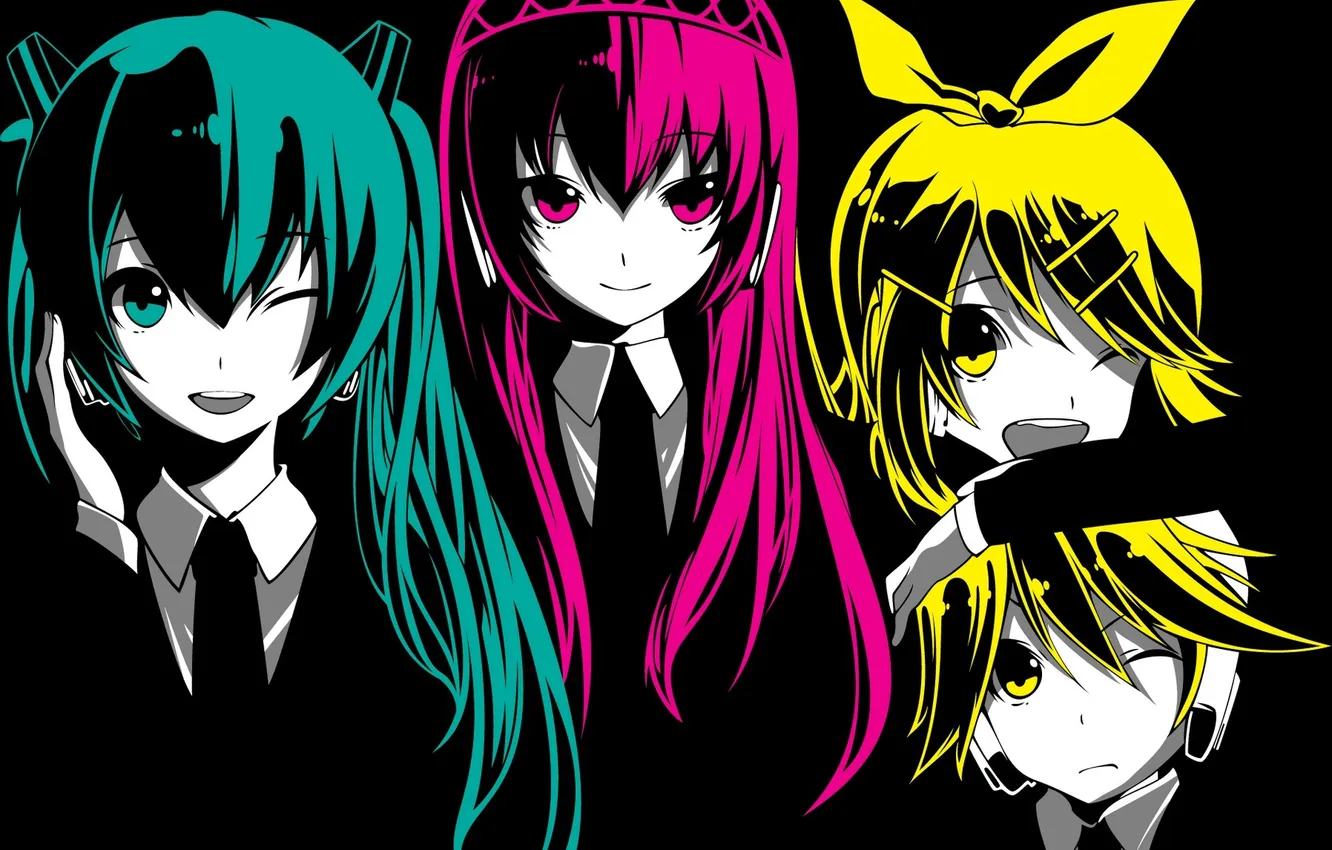 Photo wallpaper girl, headphones, art, guy, vocaloid, hatsune miku, bow, megurine luka