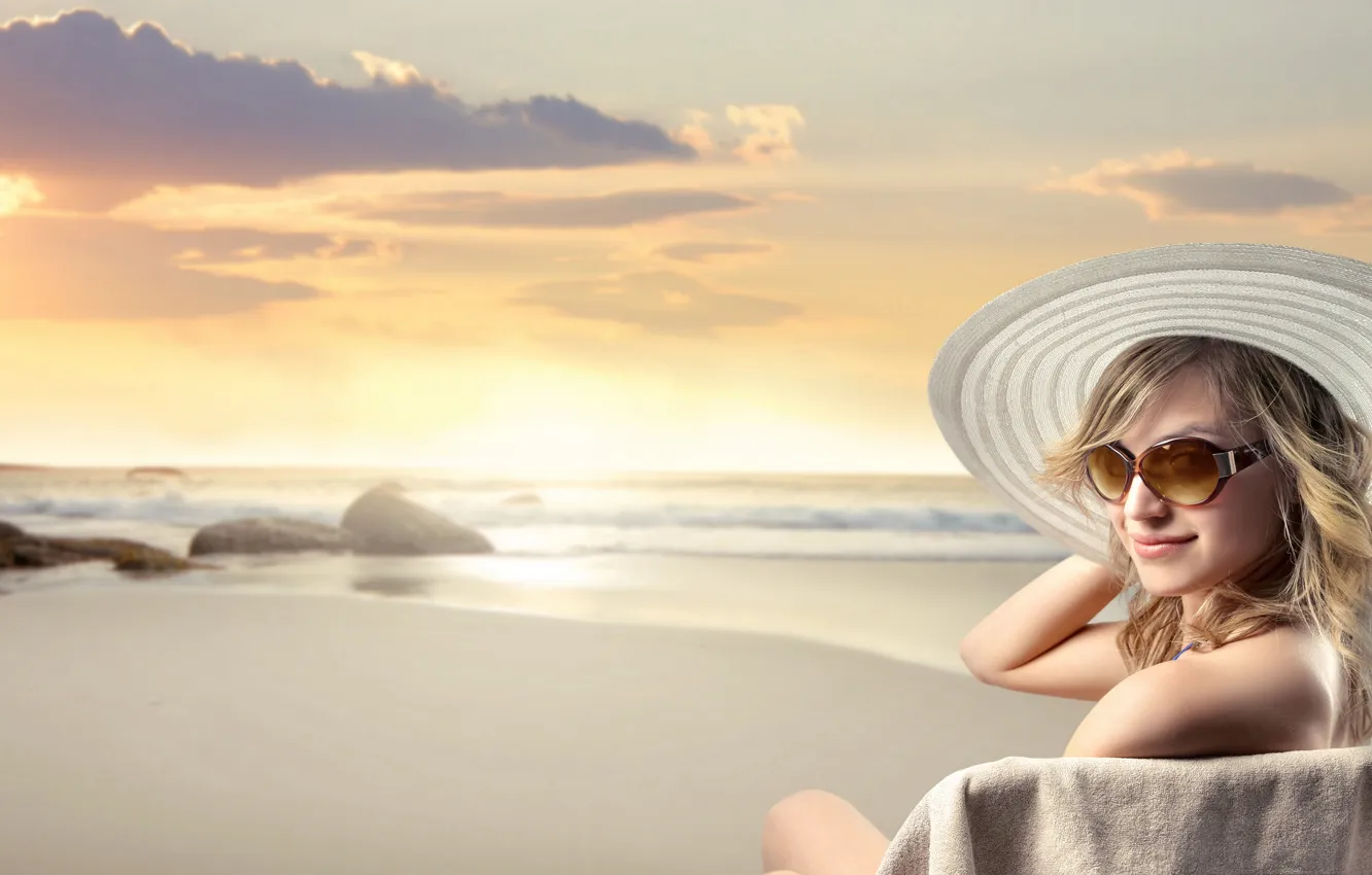 Photo wallpaper sea, girl, hat, glasses, girl, brown hair, sea, hat