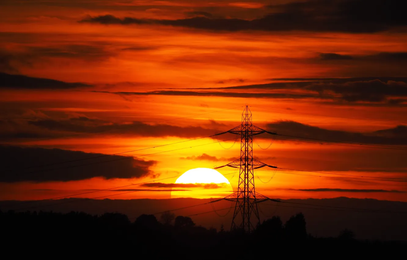 Photo wallpaper the sky, the sun, clouds, trees, sunset, wire, silhouette, support