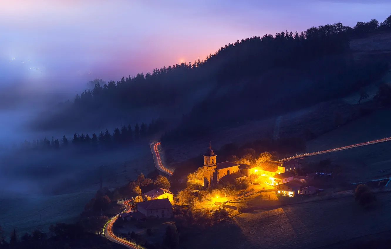 Photo wallpaper mountains, night, fog, home