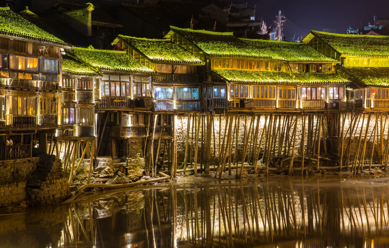 Photo wallpaper China, Night, Phoenix Ancient Town, Fenghuang