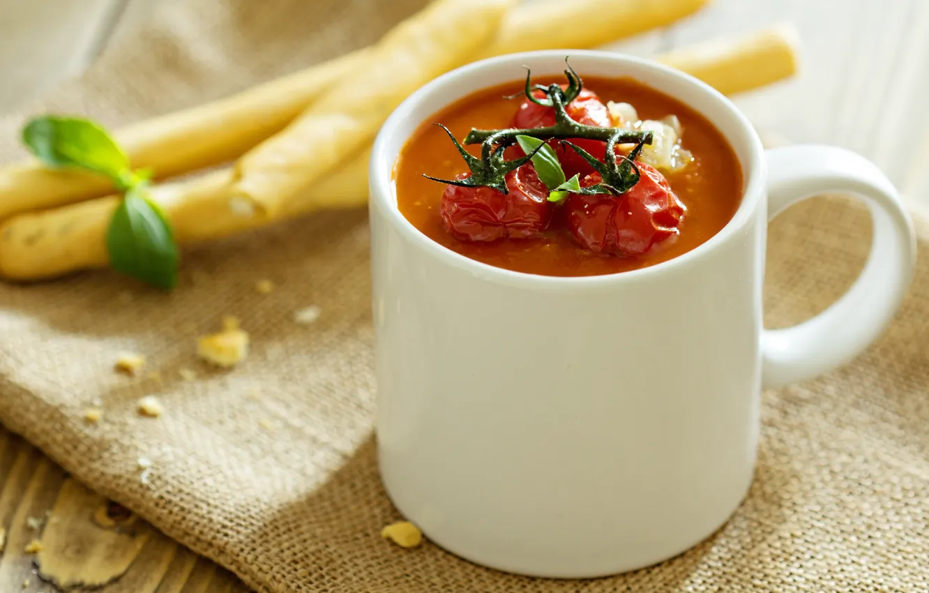 Photo wallpaper the first dish, Tomato soup in a mug with baked tomatoes on top, First course, …