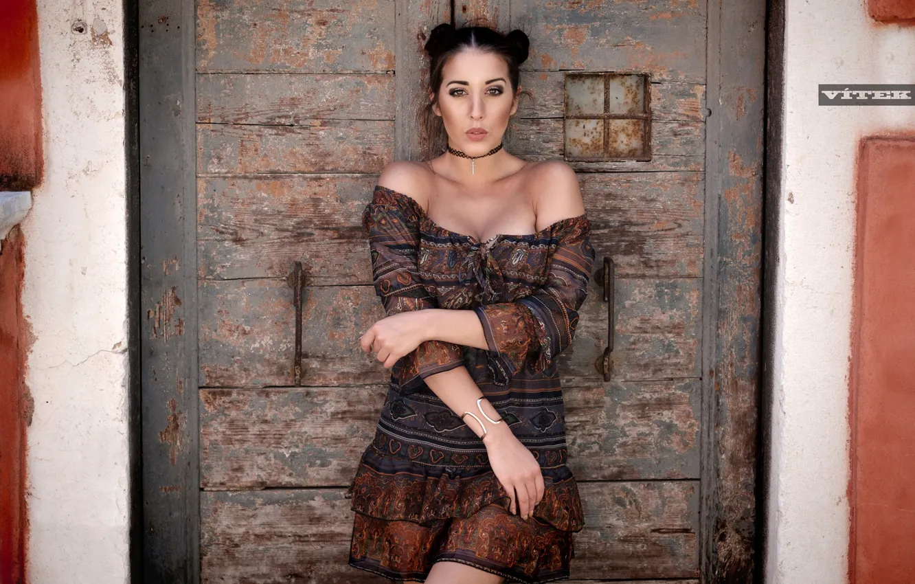 Photo wallpaper look, pose, model, portrait, makeup, figure, dress, brunette