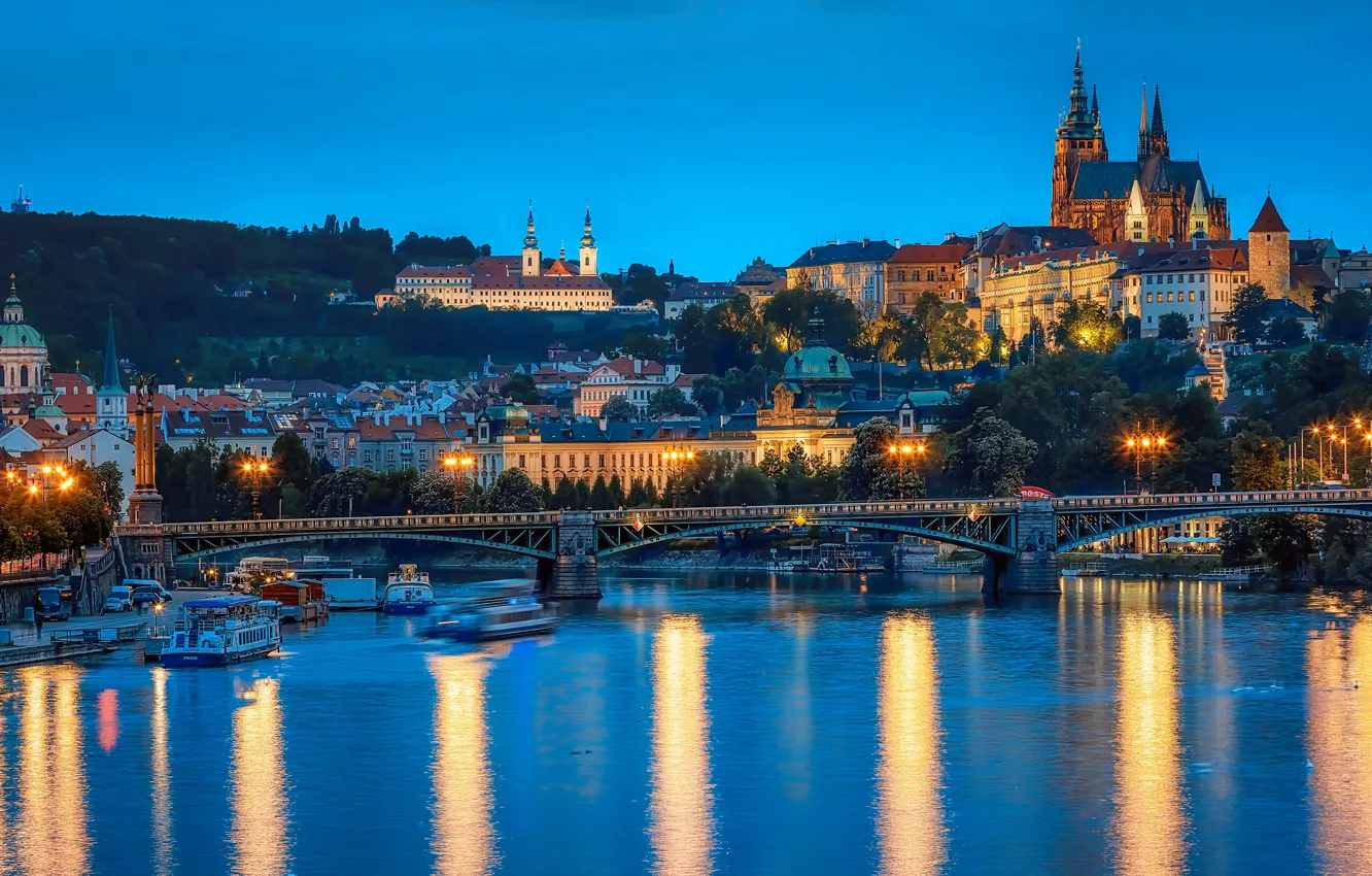 Photo wallpaper the sky, trees, bridge, lights, river, home, the evening, Prague