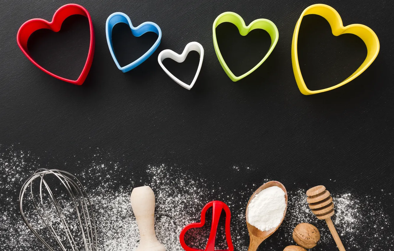 Photo wallpaper table, holiday, heart, spoon, hearts, black background, nuts, colorful