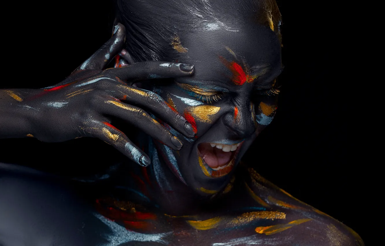 Photo wallpaper girl, joy, hands, black background