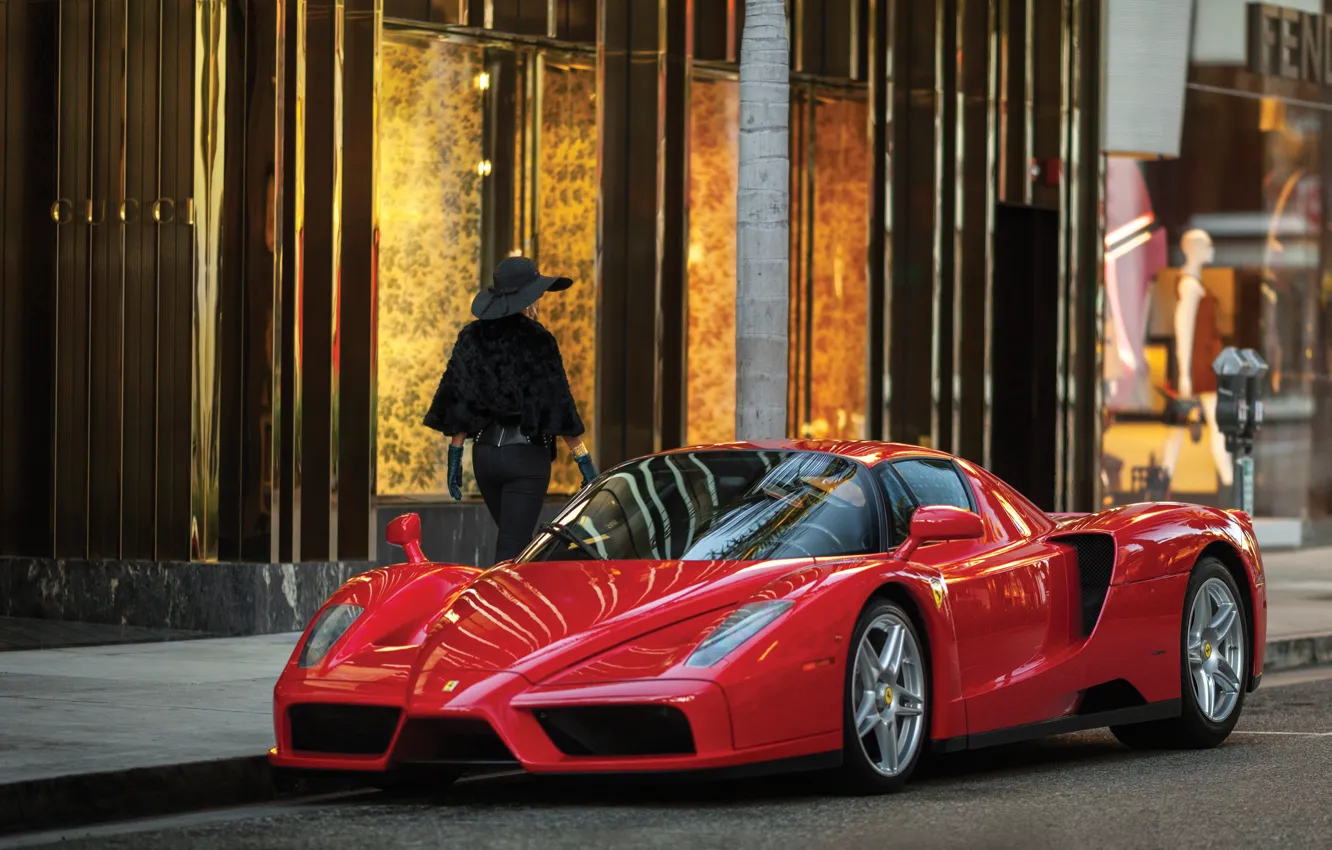 Photo wallpaper Ferrari, red, supercar, Ferrari Enzo, Enzo, woman