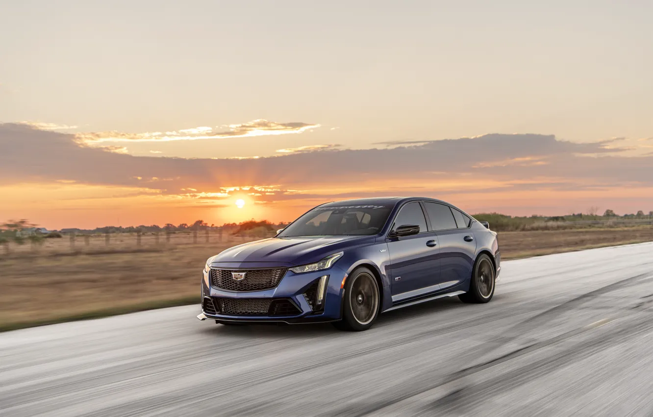 Photo wallpaper car, Cadillac, road, sun, Hennessey, Hennessey Cadillac CT5-V