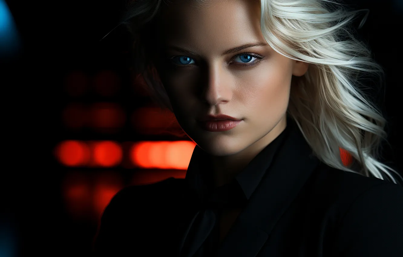 Photo wallpaper look, girl, face, portrait, blonde, black background, in black, blue eyes