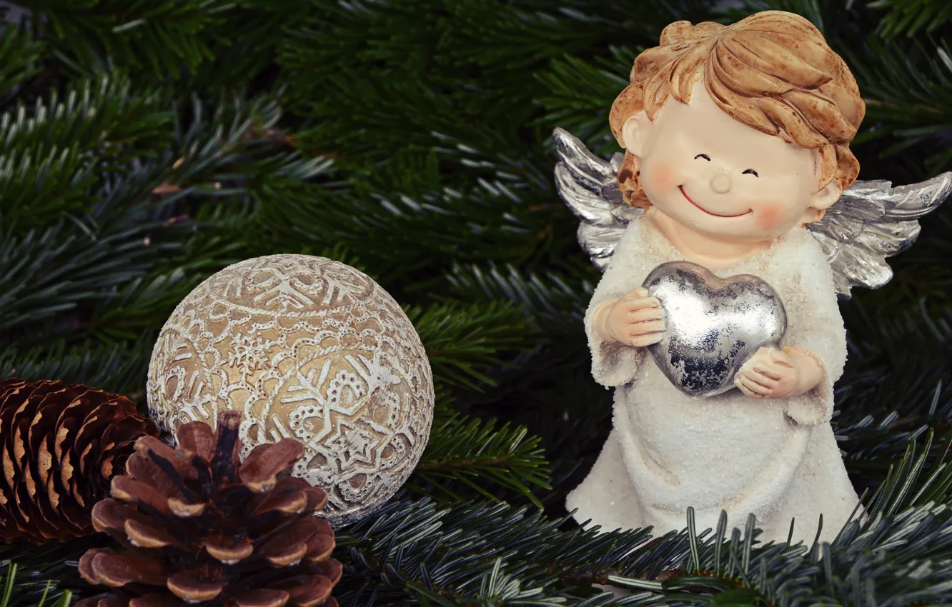 Photo wallpaper balls, decoration, branches, smile, holiday, toy, Shine, tree