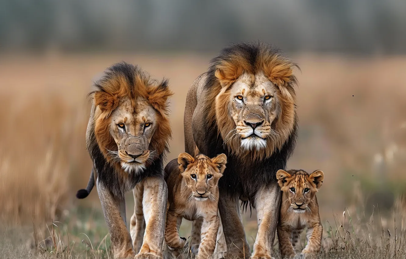 Photo wallpaper predator, Leo, four, cub, kitty, big cats, digital art, AI art